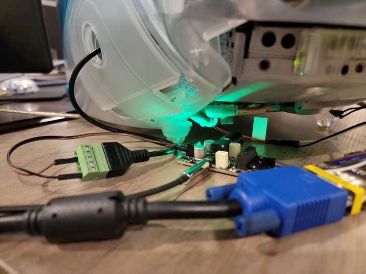 Amp connected to iMac USB for power and wired to speakers inside case