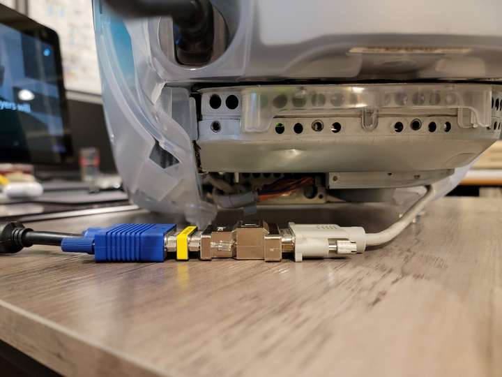 Right to left: DB15 from CRT -> DB15 to VGA -> VGA gender changer -> VGA cable to PC