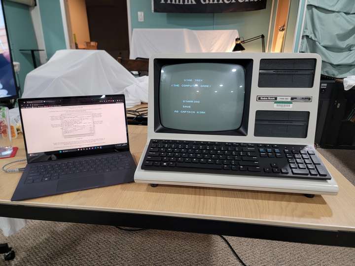 Loading a Star Trek game onto the TRS-80 through the cassette port from an audio file playing on the laptop.  Note the temporary keyboard that I used before I finished restoring the original keyboard